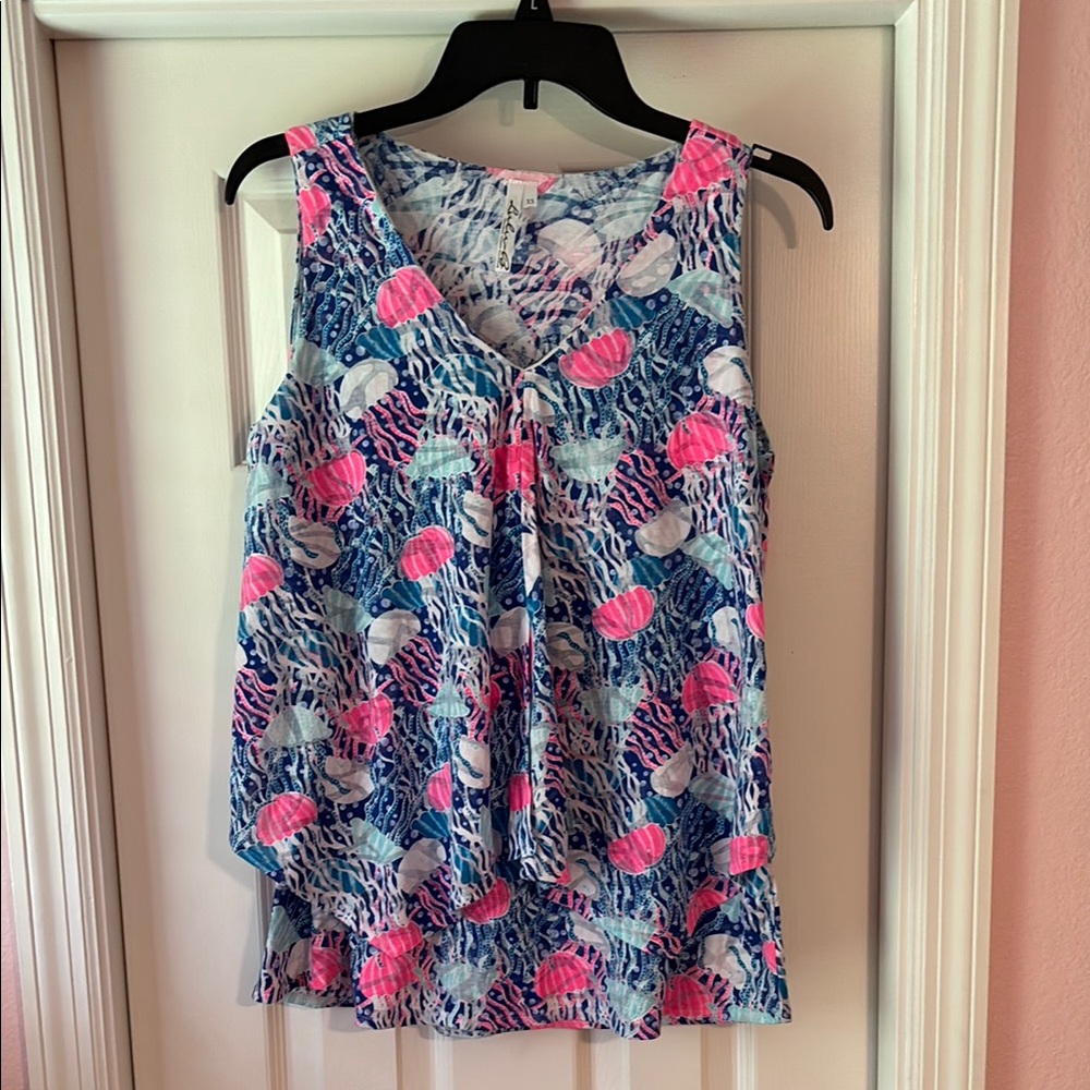 Lulu-B Vibrant Pink and Blue Jellyfish Print Tank - EUC Size XS